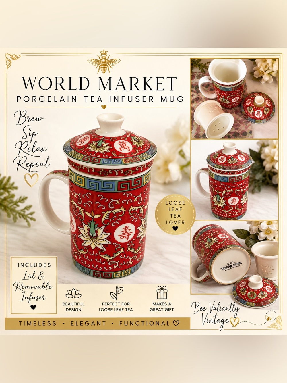 World Mrkt Chinese Porcelain Tea Infuser Mug w/ Lid | Red Floral Loose Leaf Cup